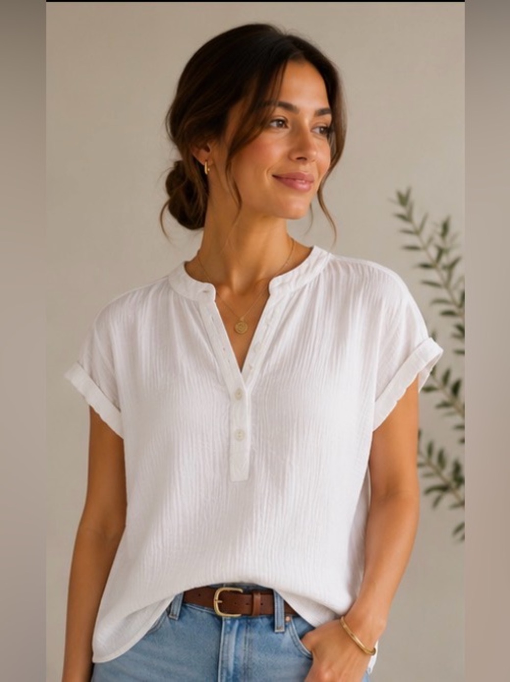 Quince organic cotton gauze White roll sleeve Button Henley Top summer blouse XS